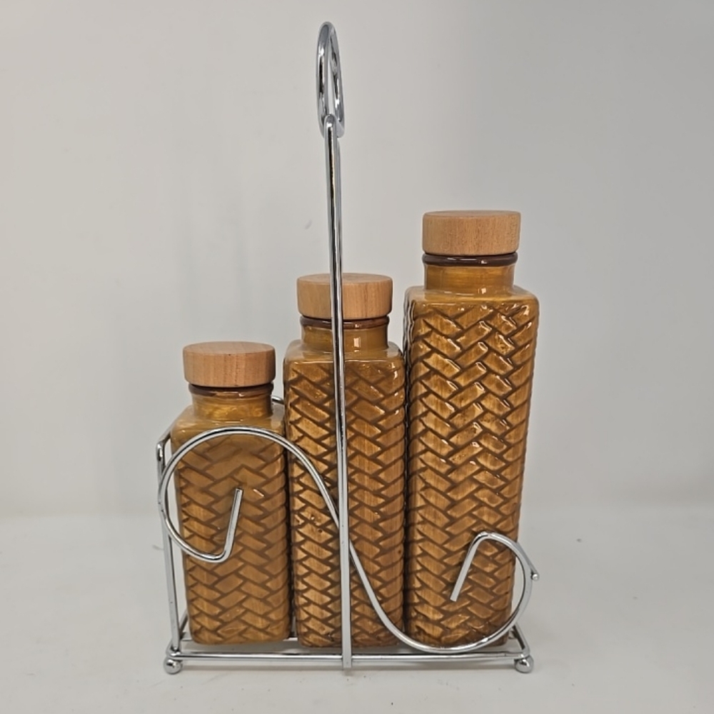 Vtg Waikiki 3pc bottles century ceramic containers w/stand Hawaiian tiki Island - Picture 2 of 3